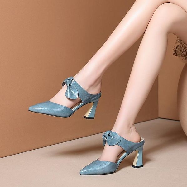 

slippers pxelena genuine patent leather mules shoes women pointed toe butterfly-knot block strange high heels slides, Black