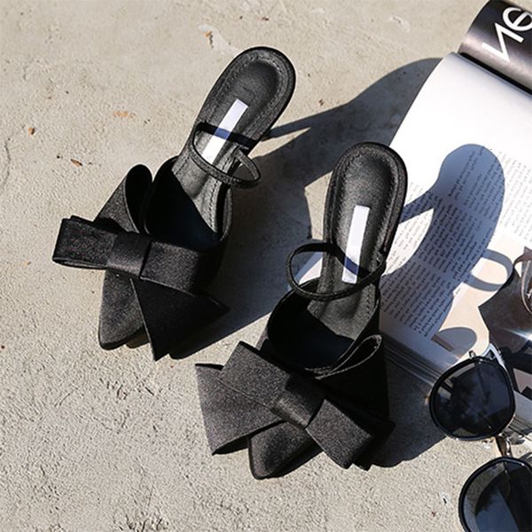 

slippers women's high-heeled satin sandals with a big bow, half-pointed slippers perfect fit for women, summer, , zzb6, Black