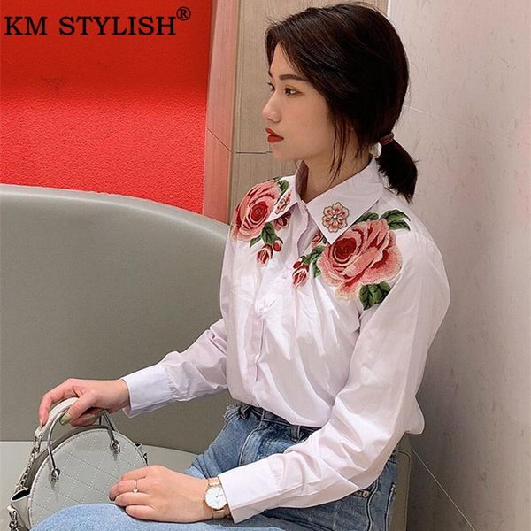 

women's blouses & shirts white shirt for women clothes 2021 embroidery rose flowers long sleeve vintage loose with diamonds
