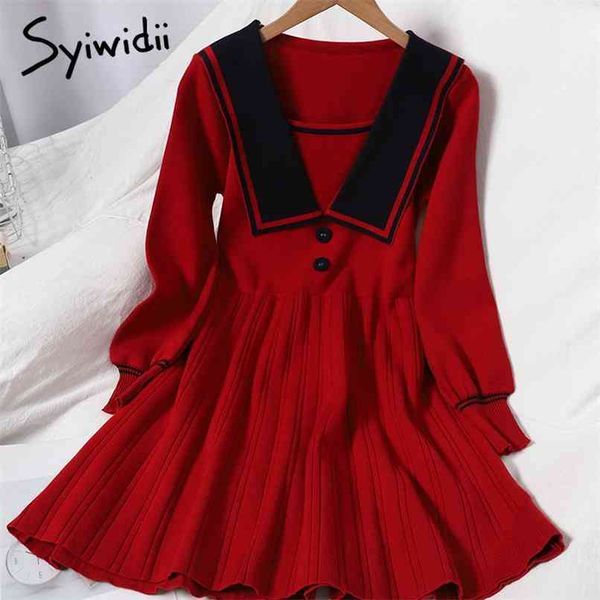 

fashion high waist knitted dress women bow lace up contrase color spliced long sleeve square collar a-line winter 210607, Black;gray