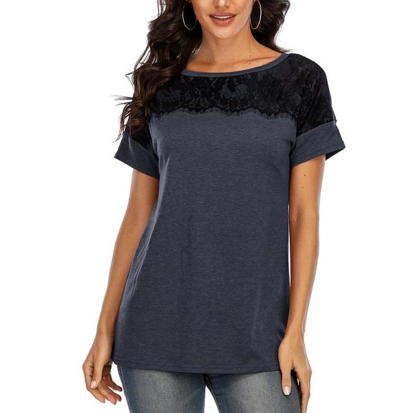 

women's t-shirt fashion casual short sleeve lace shirt stitching top, White
