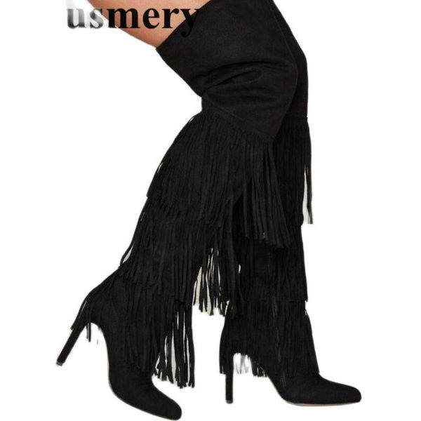 

boots black fringe long tube thin high heels women fashion pointed toe over-the-knee slip-on spring autumn