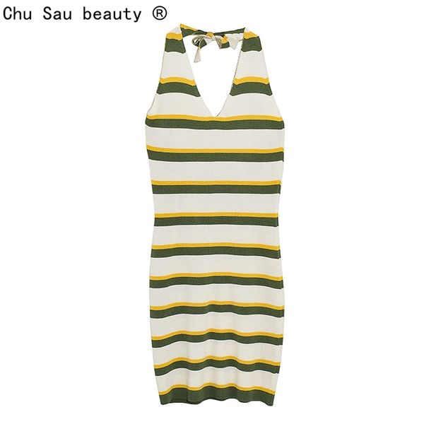 

neck-mounted knitted bodycon skirt autumn women's striped backless dress female fashion vintage chic 210508, Black;gray