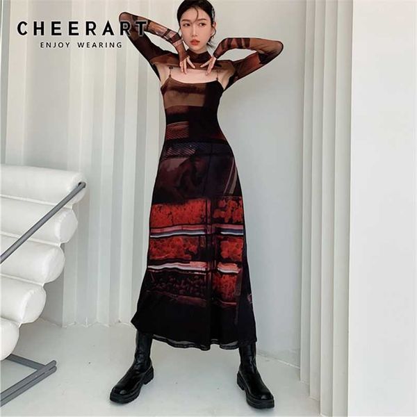 

cheerart 2 piece mesh long sleeve punk dress women turtleneck long midi bodycon ladies dress runway fashion designer clothes 211023, Black;gray