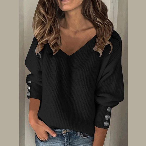 

women's t-shirt fashion women solid color v-neck t shirt button sleeve knit sweater tshirt autumn and winter warm tee elegant ladies, White