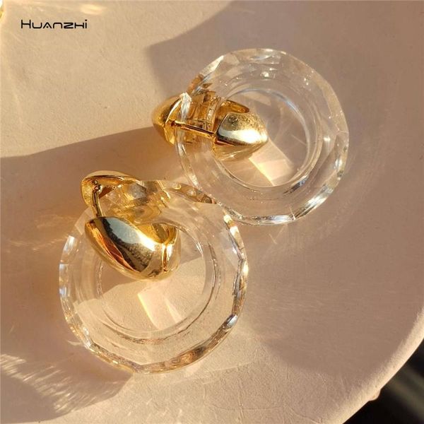

hoop & huggie huanzhi 2021 s925 transparent zirconia crystal metal gold color shell earrings for women girls fashion party jewelry, Golden;silver