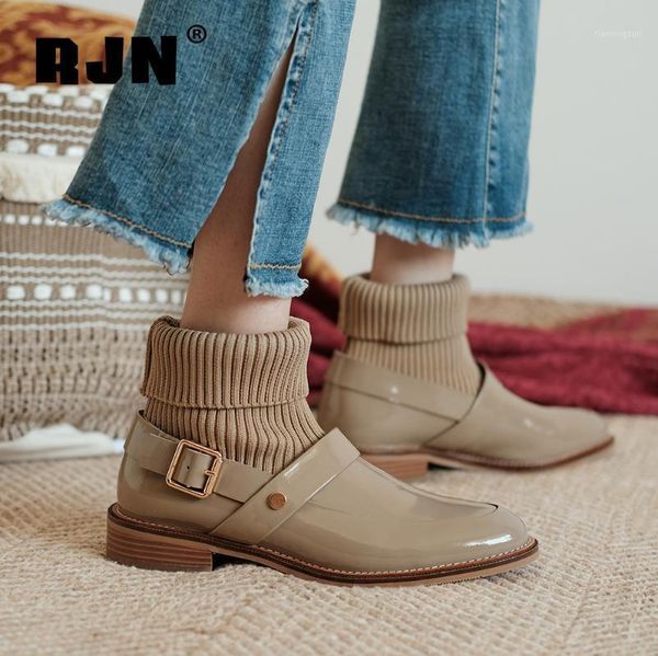 

boots rjn autumn winter ankle belt buckle decoration patent leather women shoes low-heel anti-skid ro2901, Black