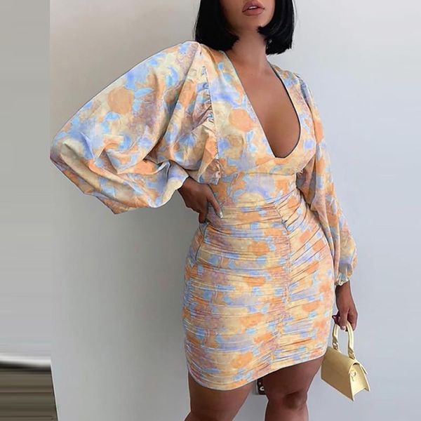 

casual dresses for women print lantern long-sleeved high-waisted package hip wrap dress pretty cute summer bodycon v neck sexy, Black;gray