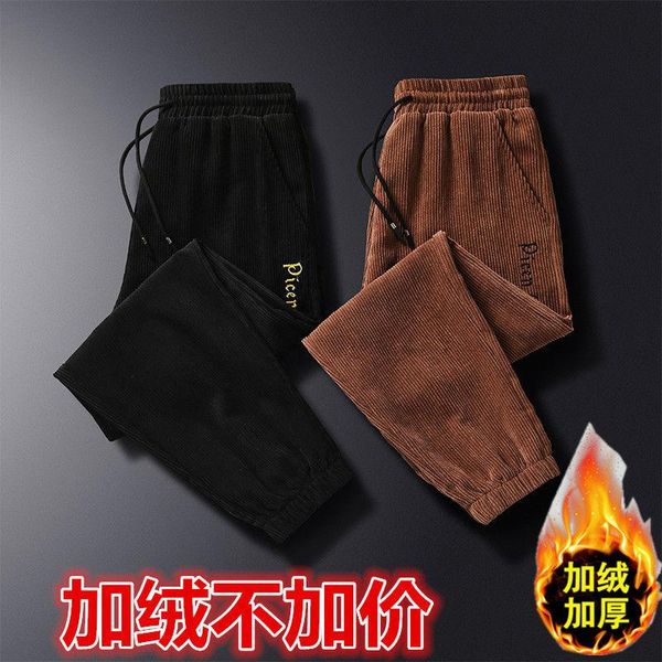 

corduroy men's casual pants with plush, autumn and winter corset, Black
