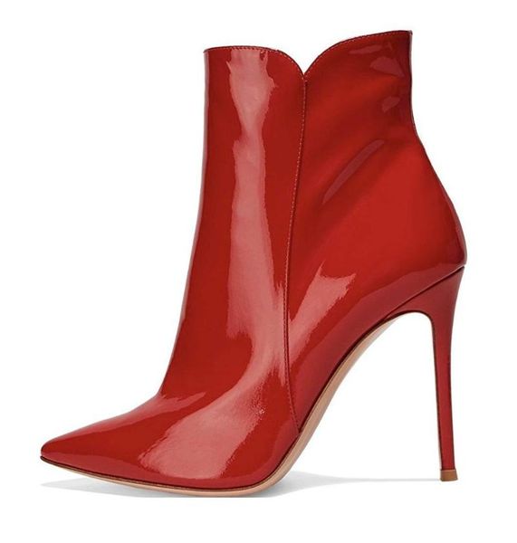 

boots arrivals candy color patent leather ankle boot pointed toe shinny thin heel short bootie plus size 13 ridding, Black