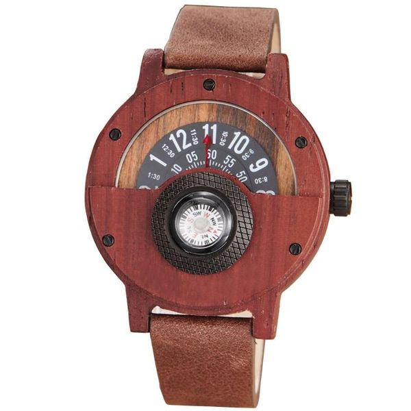 

wristwatches creative compass wood watch men turntable dial real walnut ebony wooden man watches male brown red clock reloj, Slivery;brown