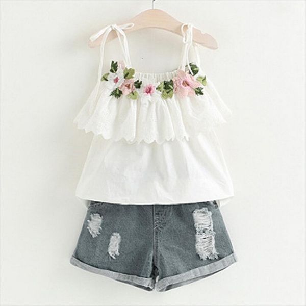 

toddler kids baby girl outfits summer sleeveless embroidery t shirt denim shorts jeans set children clothing girls clothes, White
