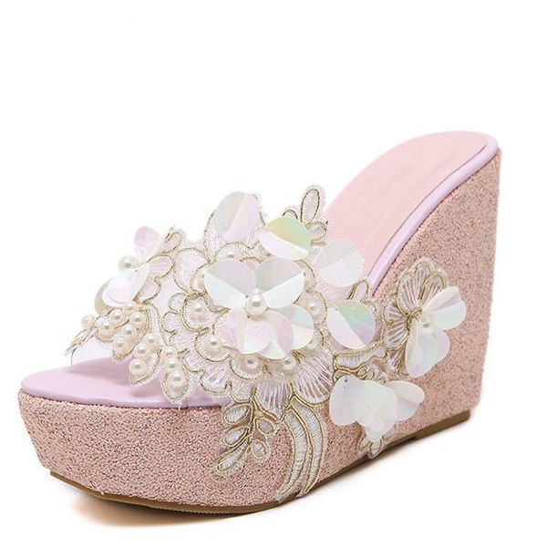 

slipper bling wedges lady summer sandals sequins glitter cloth platform slides flower cord woman slippers cgzh, Black