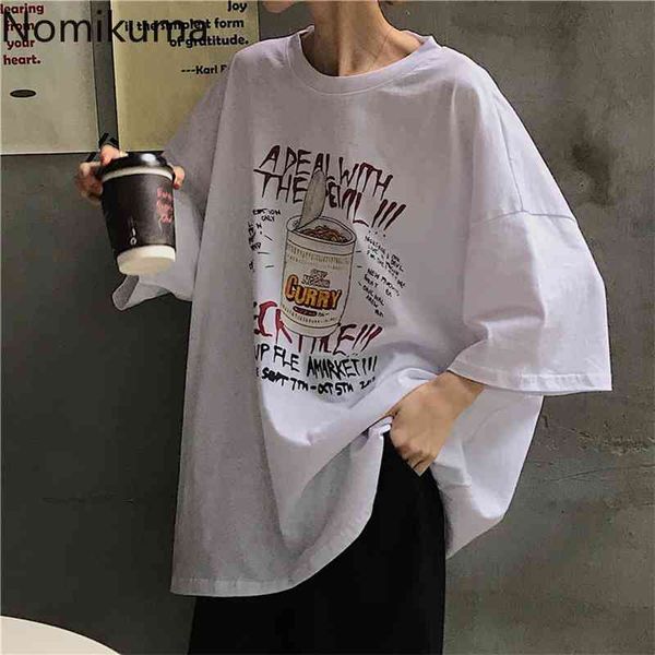 

nomikuma grafitti printed t shirt women o neck short sleeve oversized tshirts casual loose korean bf style camisetas 210514, White