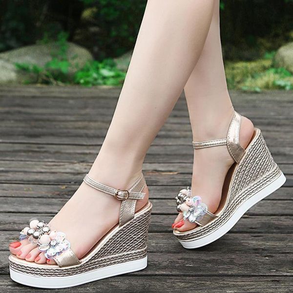 

women ladies summer fashion wedges platforms crystal floral decoration slippers and sandals high heels shoes 2021, Black