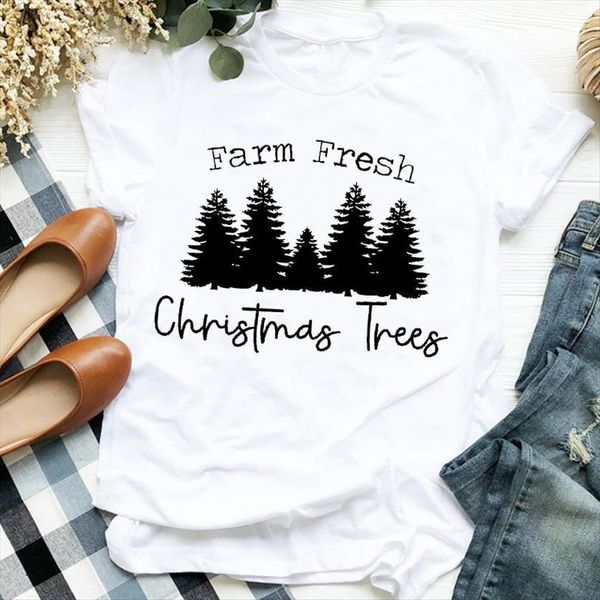 

short sleeve winter festival clothing womens holiday merry christmas clothes graphic print tee female t shirt, White