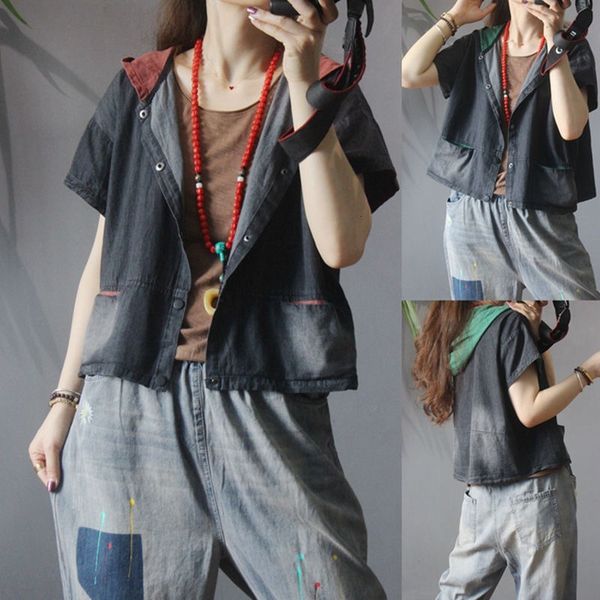 

summer arts female sleeve lets loose short coats cotton denim casual with hoodie femme jacket vintage jackets m205, Black;brown