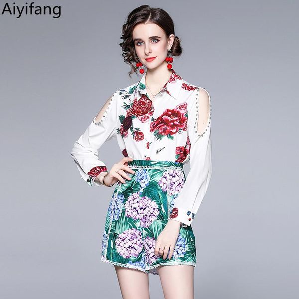 

women's tracksuits runway women summer 2 piece set off shoulder diamond beaded floral print shirt + lace trims shorts two suits, Gray