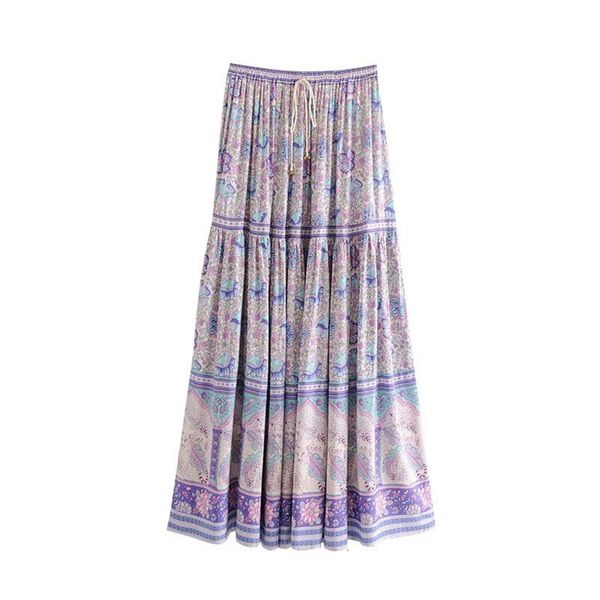 

skirts women summer bohemian beach skirts purple floral print elastic waist tied holiday seaside maxi skirt spring long pleated boho u8v2, Black