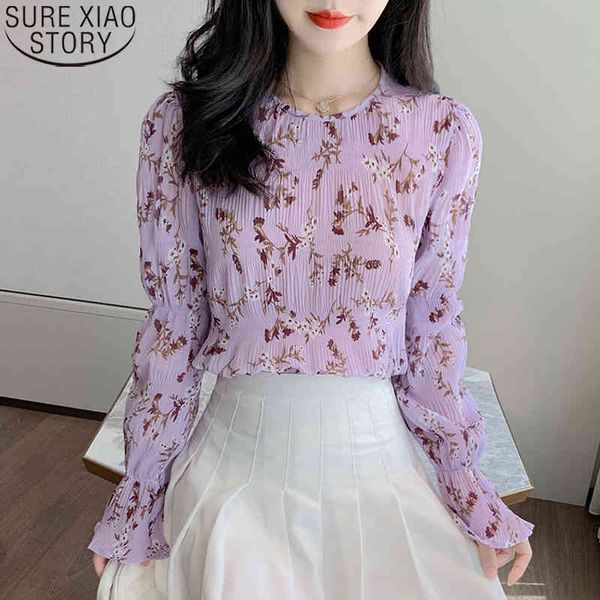 

french style sweet chiffon women long shirt fashion flare sleeve o-neck floral print blouses casual blusas 10847 210417, White