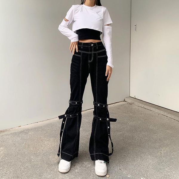 

women's jeans y2k patchwork bandage high waist women black wide leg straight denim pants vintage harajuku streetwear ladies trouser p6y, Blue