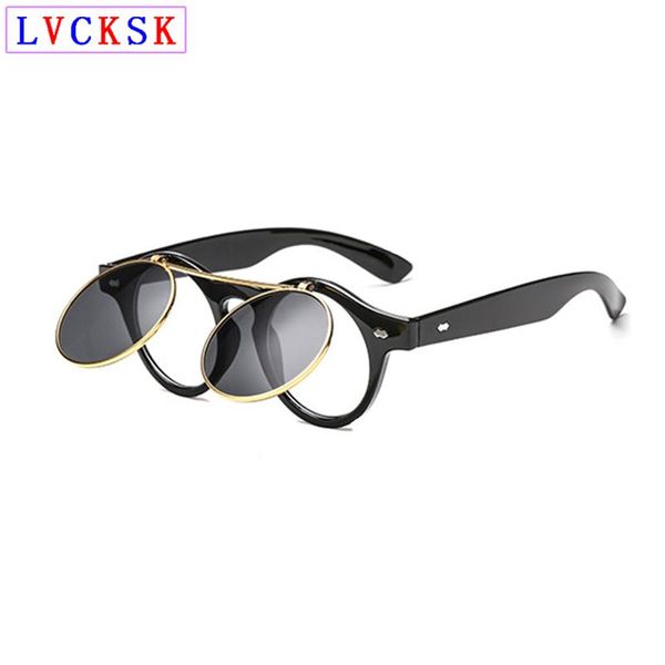 

fashion sunglasses frames uv400 vintage round punk steam flip cover women men clip on sun spectacles optical prescription glasses l3, Black