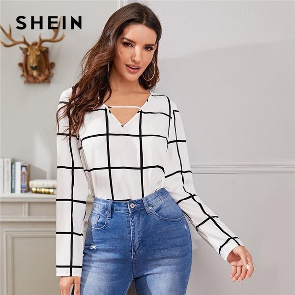 

women's blouses & shirts shein white plaid print v-cut neck spring casual blouse women 2021 autumn korean long sleeve office laides an
