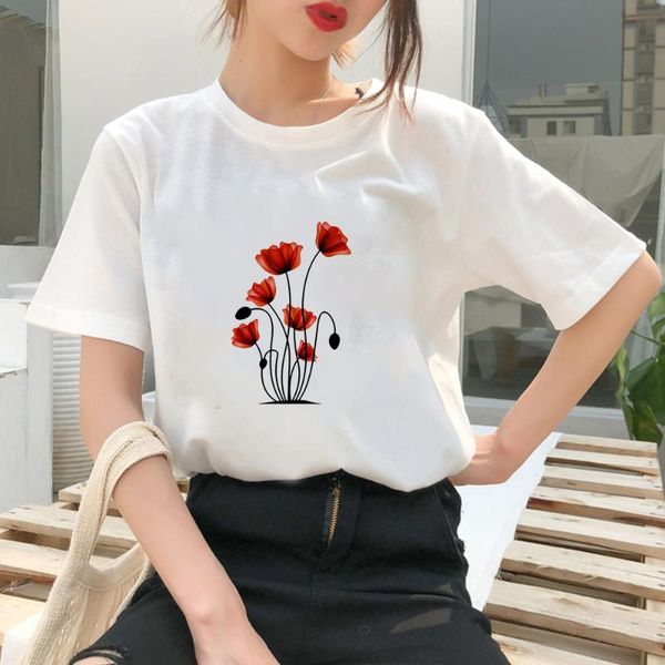 

women's t-shirt aesthetic flower women fashion 2021 summer tumblr clothing simplicity style korean femme vetement, White