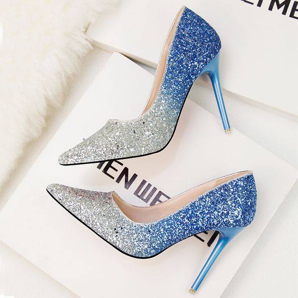 

fashion korean nightclub pointed shallow high heeled women's shoes thin heel sequin thin color matching shoes, Black