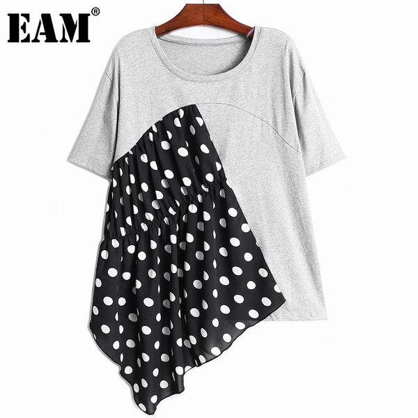 

[eam] women casual asymmetrical spliced dots pleated t-shirt round neck short sleeve fashion spring summer 1dd8285 210512, White