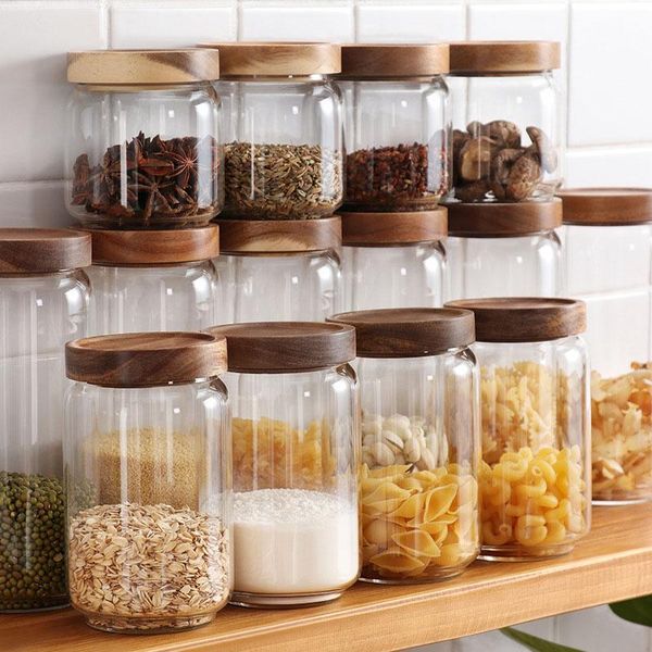 

storage bottles & jars kitchen box transparent glass bottle wooden lid sealed jar household multigrain organizer
