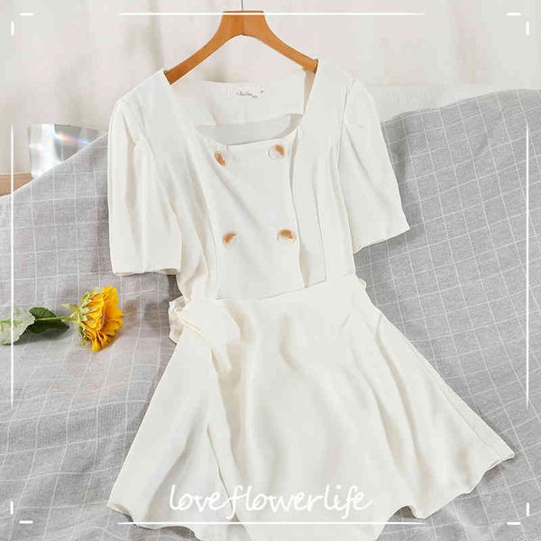 

loveflowerlife summer casual a line square collar lady dress short solid button double breasted women dresses 210521, Black;gray
