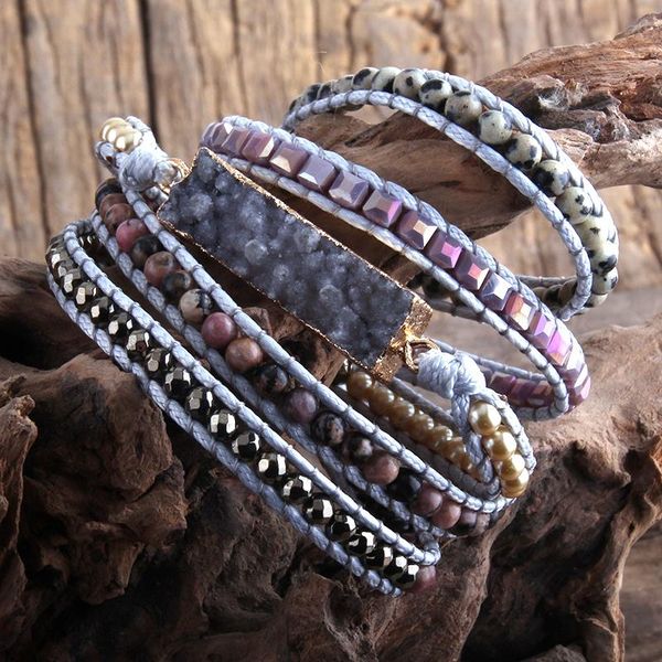 

fashion women vegan boho bracelet gray mixed natural stones druzy charm 5 strands wrap bracelets jewelry dropship tennis, Golden;silver