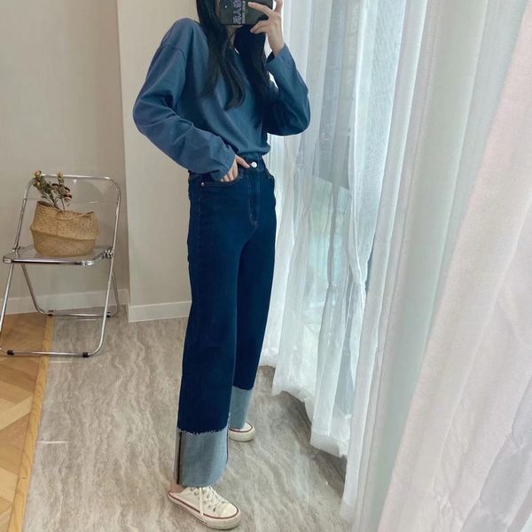 

2011xnwmnz za women autumn winter faded high waist jeans pocket wide-leg turn-up hems zip fly fashion casual denim pants, Blue