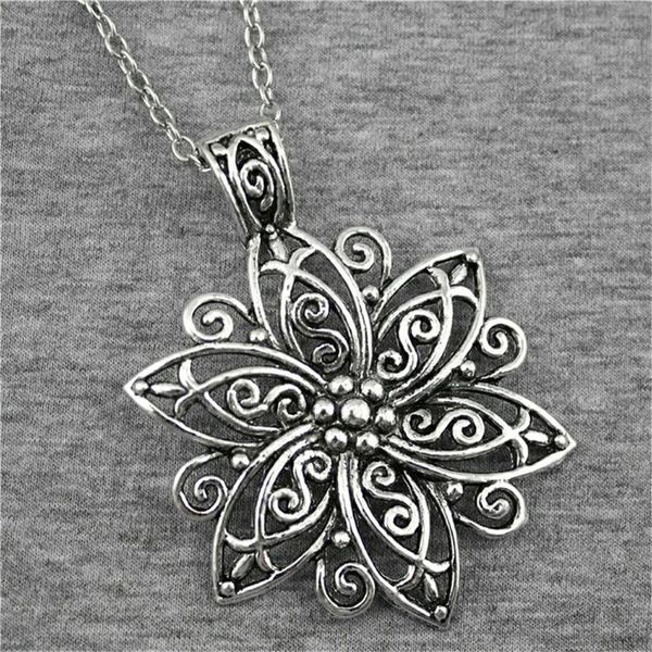 

pendant necklaces hollow double layer flowers & pendants for women jewelry vintage accessories flower lady necklace, Silver
