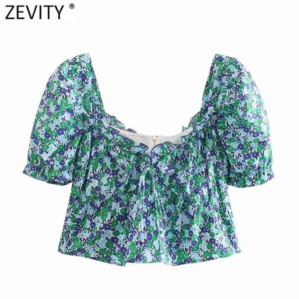 

women sweet pleat ruffles floral print slim short smock blouse female puff sleeve back zipper chic blusas ls9050 210420, White
