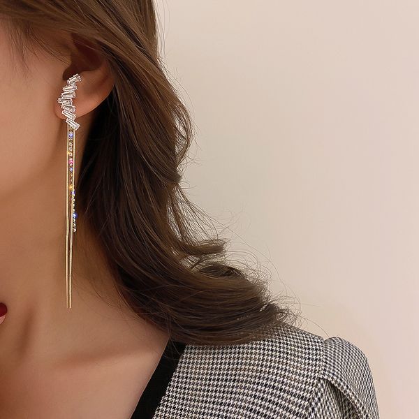

fashion niche design geometric zircon long tassel earrings simple low luxury net red fashion personality earrings, Silver