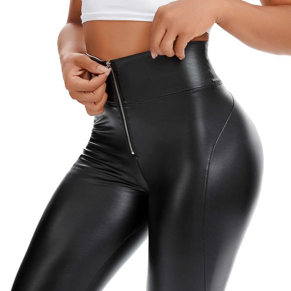 PU Deri Tayt Spor Kadınlar Ince Yoga Pantolon Yüksek Bel Seksi Düzgün vücutlu Elastik Leggins Bayanlar Moda Streç Pantolon 2021 H1221