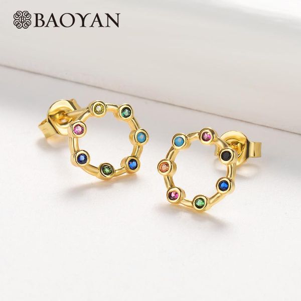 

stud baoyan classic rainbow crystal geometric charm earring gold copper round triangle earrings cubic zirconia for women, Golden;silver