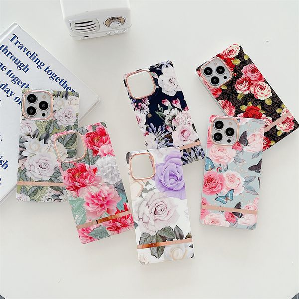 Square Electroplated Flowers Phone Cases For iPhone 13 12 Pro Max 11 Rose Flower IMD Soft TPU Mobile Shell Case