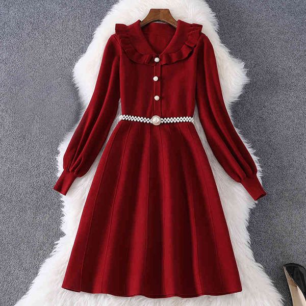 

casual dresses fall winter long sleeve peter pan neck red pure color knitted belted buttons knee-length dress elegant mn058a341 959j, Black;gray