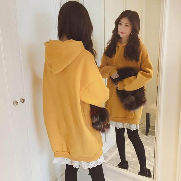 

women's hoodies & sweatshirts sweet women lace patchwork sweatshirt solid color long sleeve thick hooded pullover, Black