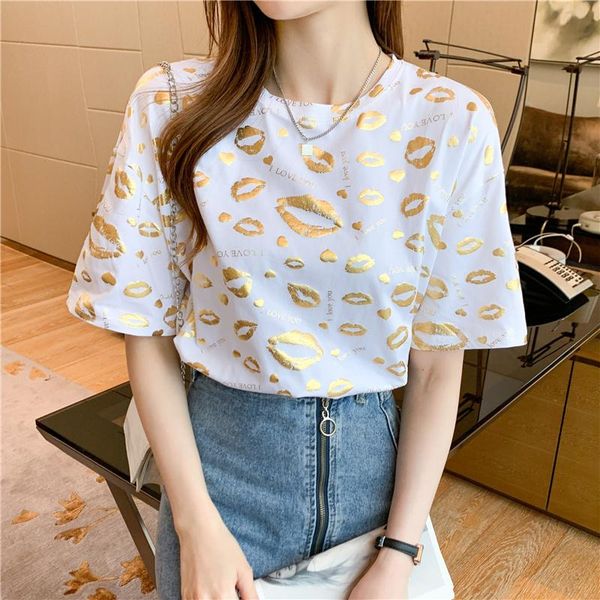 

women's t-shirt lip pattern tees women 2021 summer gilded printed cotton short sleeve loose casual 610e, White