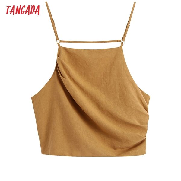 

women solid pleated v neck camis crop spaghetti strap sleeveless backless short blouses shirts female ce246 210416, White