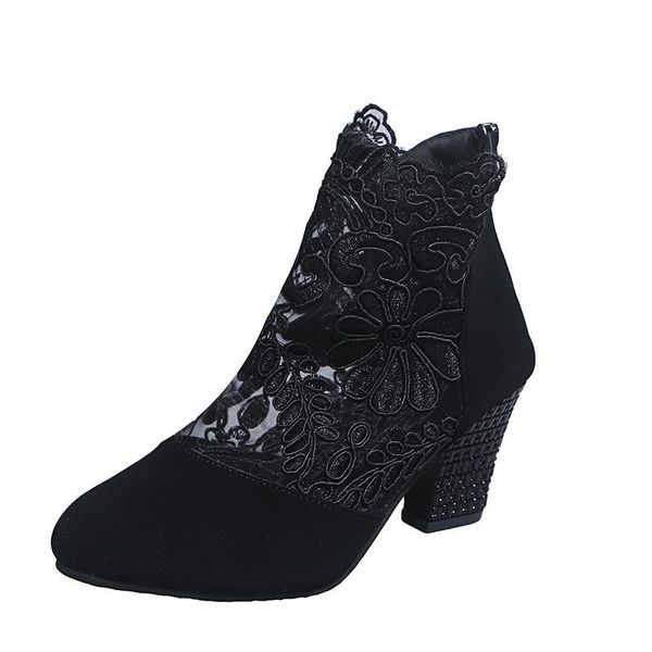 

summer lace boots women breathable high-heeled mesh shoes embroidered sandals thick heel zipper, Black