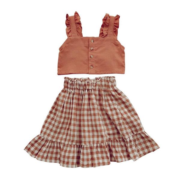 

clothing sets summer kids girl shirts skirts ruffled toddler sleeveless vest fashion plaid skirt lovely children girls casual outfit, White