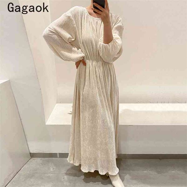 

korean chic french elegant dresses women spring autumn o neck pleated design loose wild fashion midi vestidos 210531, Black;gray