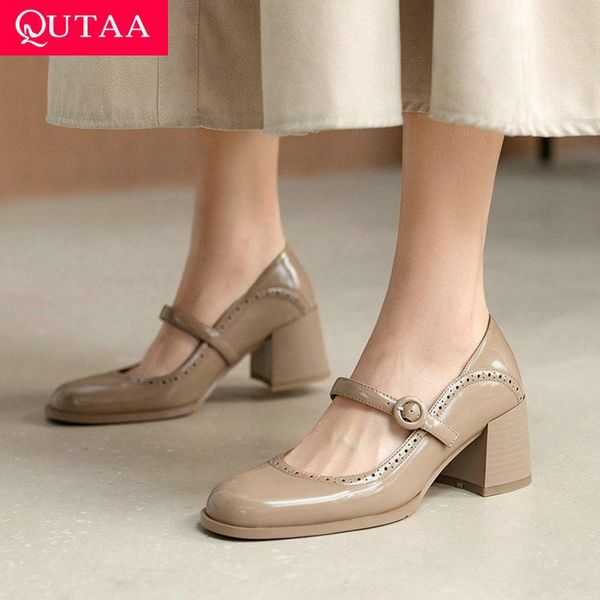 

dress shoes qutaa 2021 square high heel genuine leather basic female pumps platform round toe mary janes ankle strap women size 34-39, Black