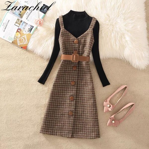 

casual dresses autumn winter two piece dress women solid sweater + vintage plaid wool single breasted knee-length party overalls vestido, Black;gray