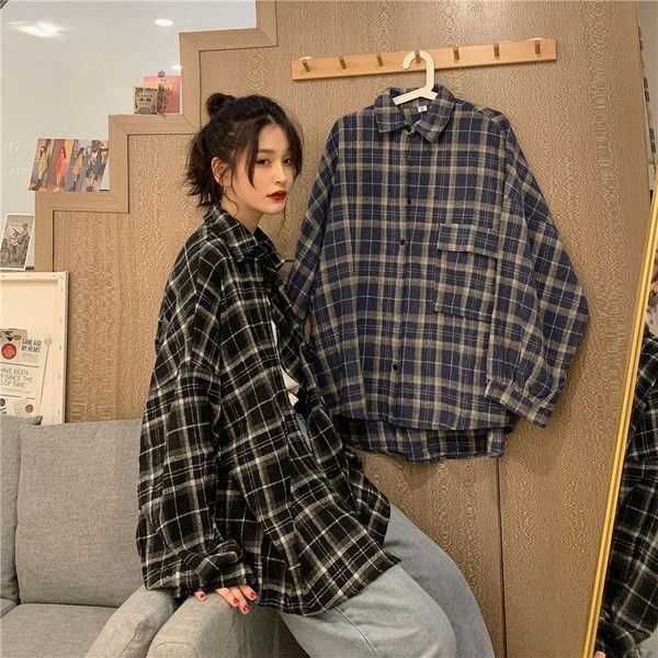 

women's blouses & shirts plaid shirt spring 2021 clothing for women boyfriend style long sleeve plus size vintage clothes, White